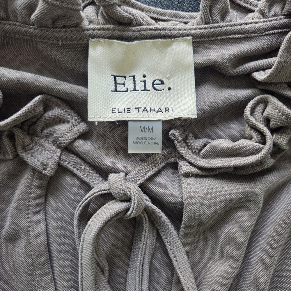 Elie Tahari Peplum Blouse Top with Tie Neck Ruffle Detail in Taupe Mocha, Medium - Picture 9 of 13